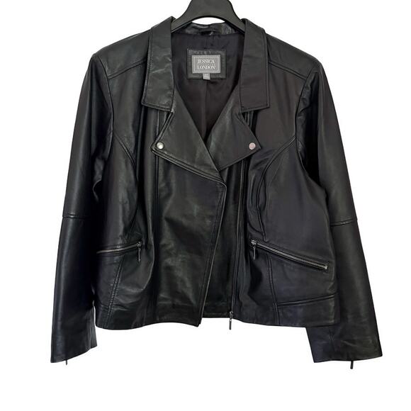 Jessica London Black Genuine Leather Moto Jacket - Plus Size 28W - Picture 2 of 15